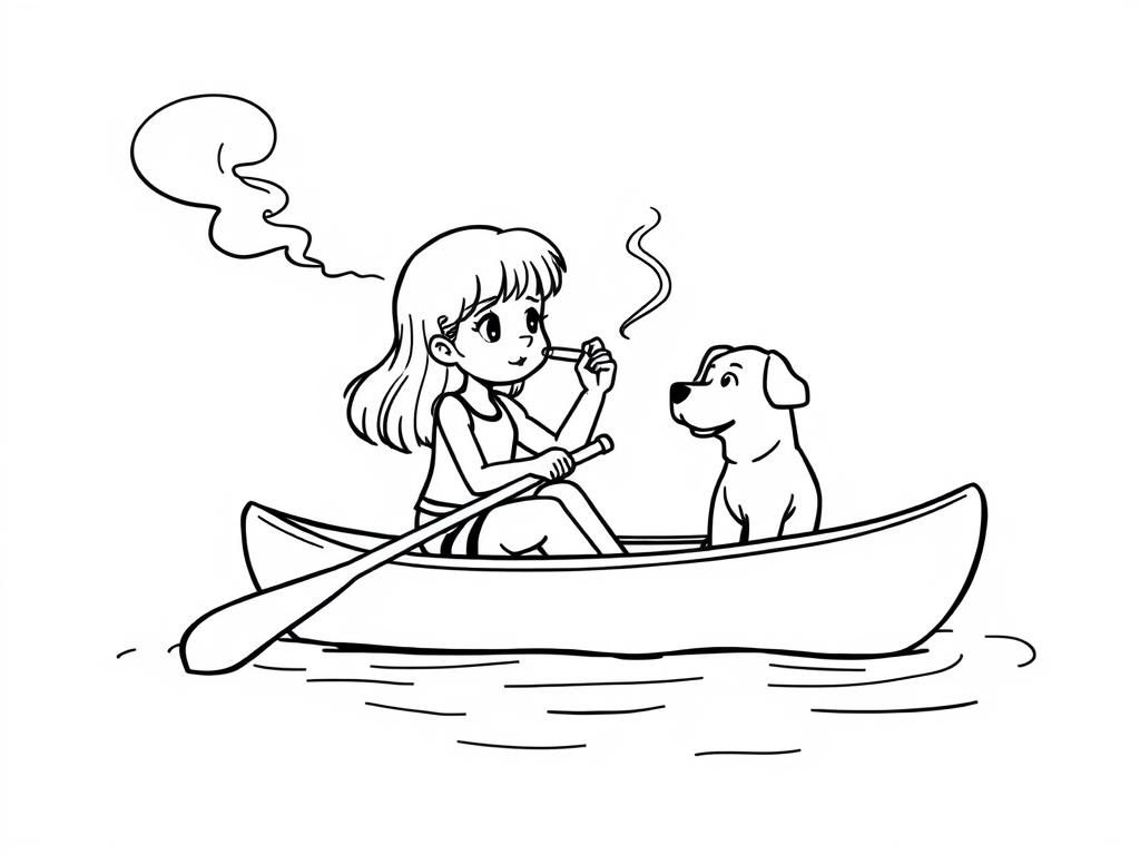 cigaret smoking  on canoe girl  with a brown dog   and  looking both