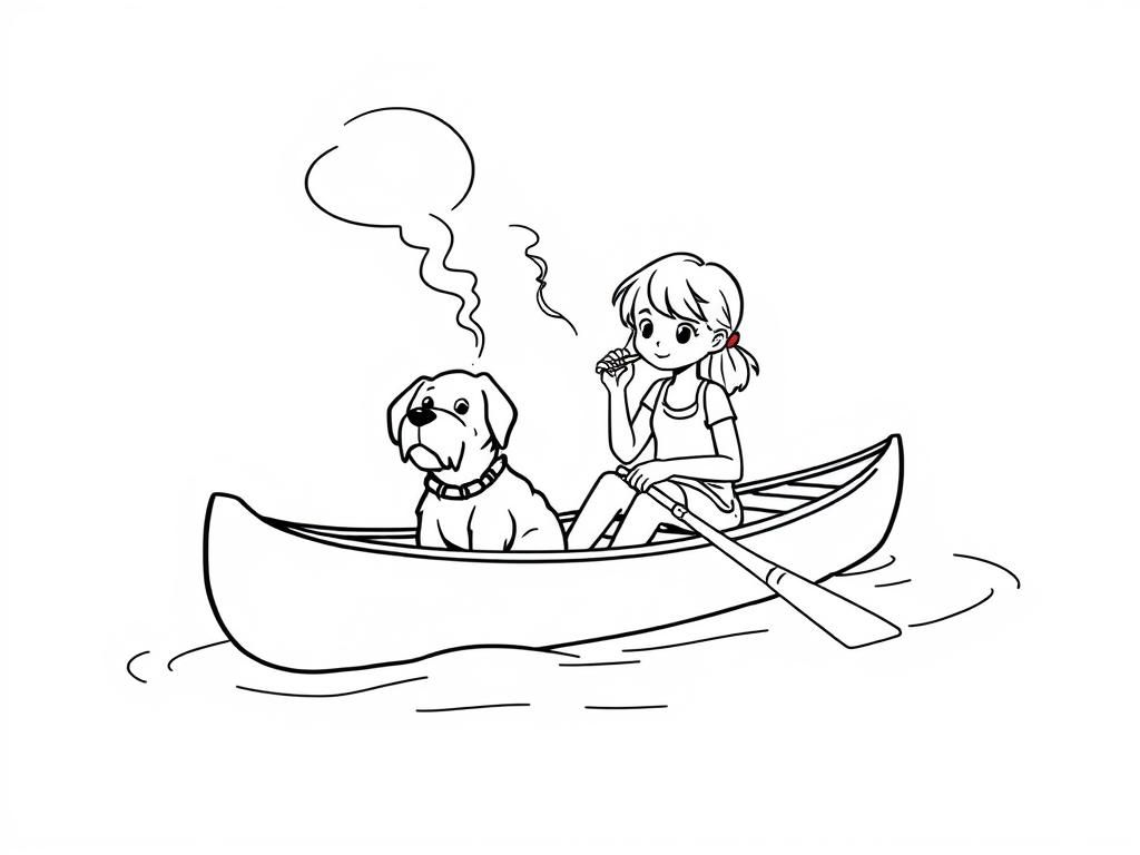 cigaret smoking  on canoe girl  with a brown dog   and  looking both