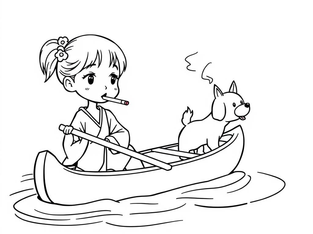 cigaret smoking small japanese girl with a brown dog  on big canoe and  looking both at right