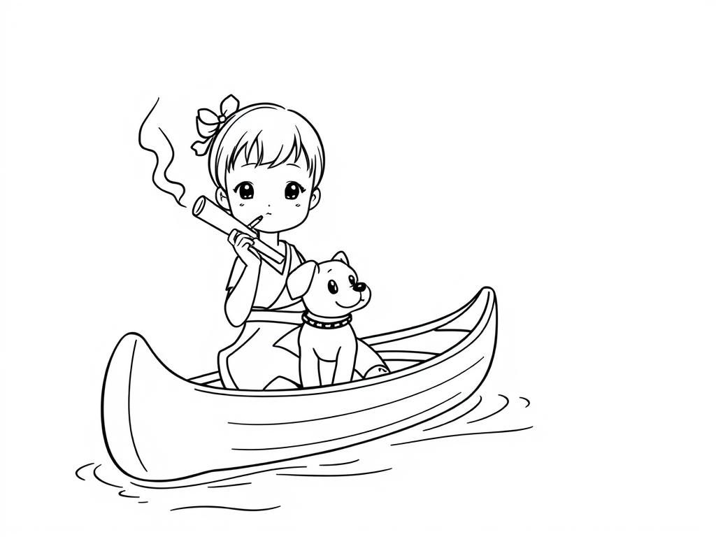 cigaret smoking small japanese girl with a brown dog  on big canoe and  looking both at right