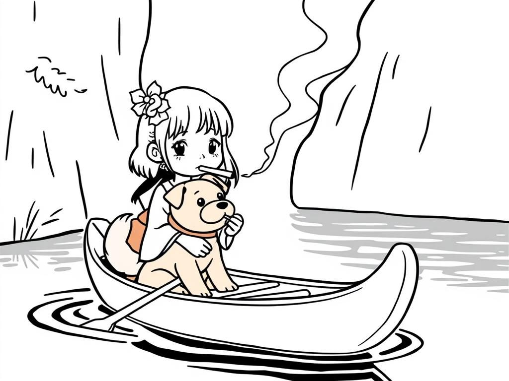 cigaret smoking small japanese girl with a brown dog  on big canoe and  looking both at right