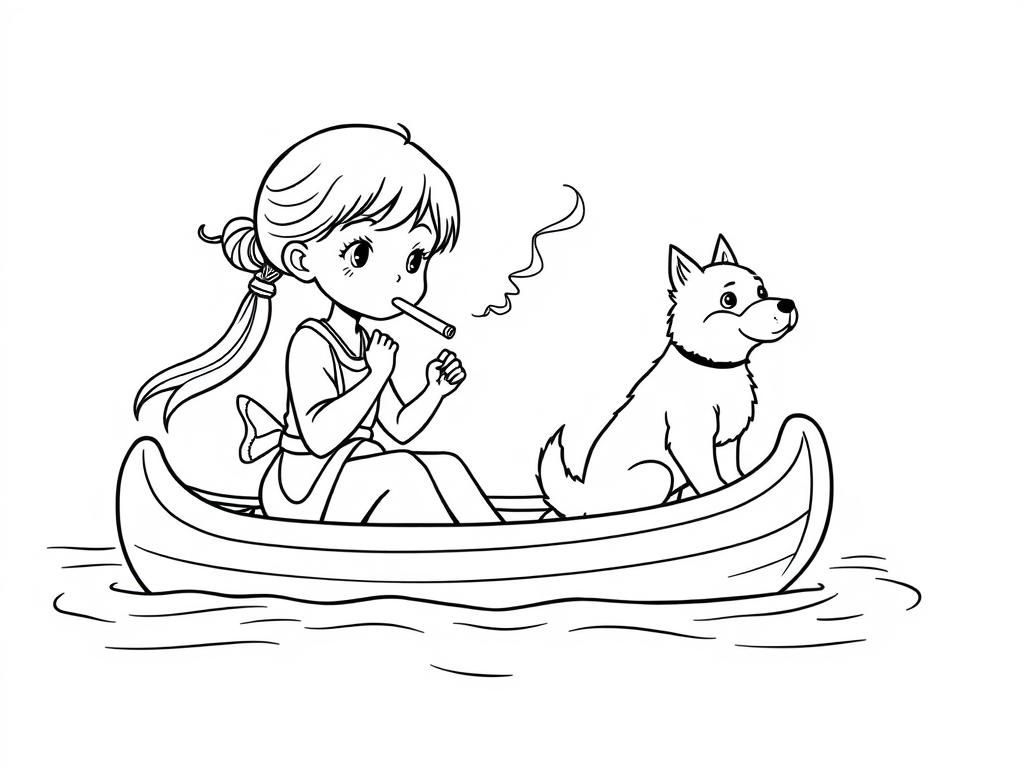 cigaret smoking small japanese girl with a brown dog  on big canoe and  looking both at right