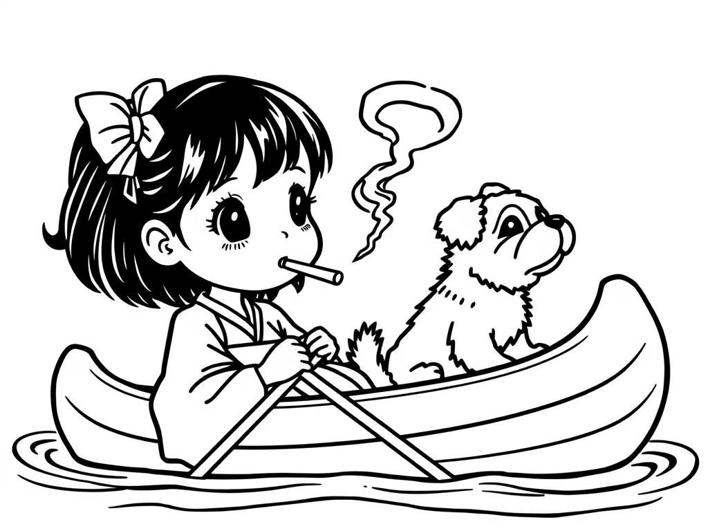 cigaret smoking small japanese girl with a brown dog  on big canoe and  looking both at right