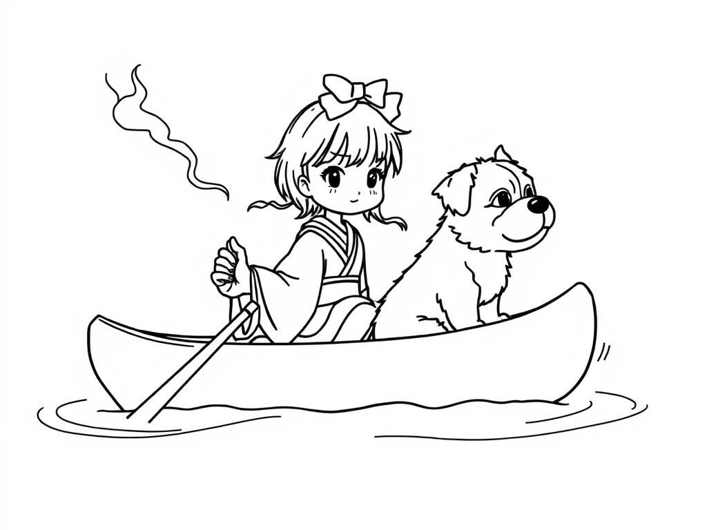 cigaret smoking small japanese girl with a brown dog  on big canoe and  looking both at right