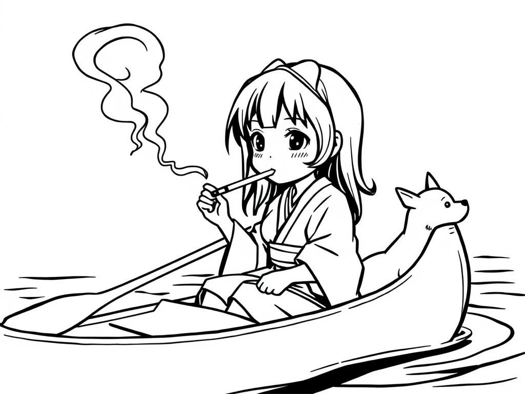 cigaret smoking small japanese girl with a brown dog  on big canoe and  looking both at right