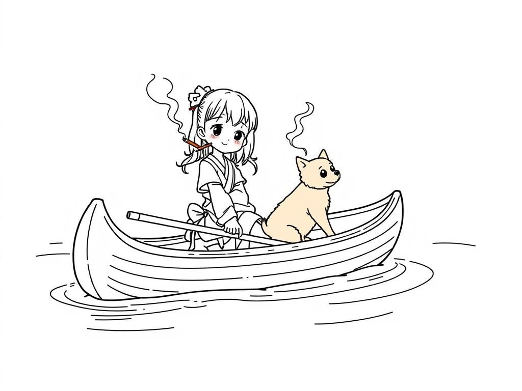 cigaret smoking small japanese girl with a brown dog  on big canoe and  looking both at right