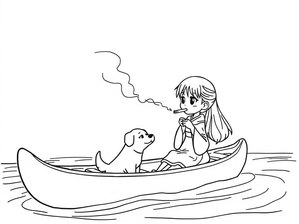 cigaret smoking small japanese girl with a brown dog  on big canoe and  looking both at right