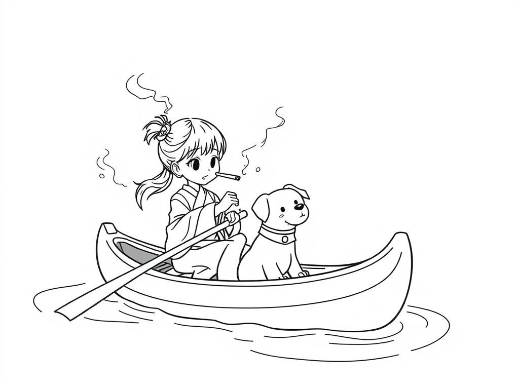 cigaret smoking small japanese girl with a brown dog  on big canoe and  looking both at right