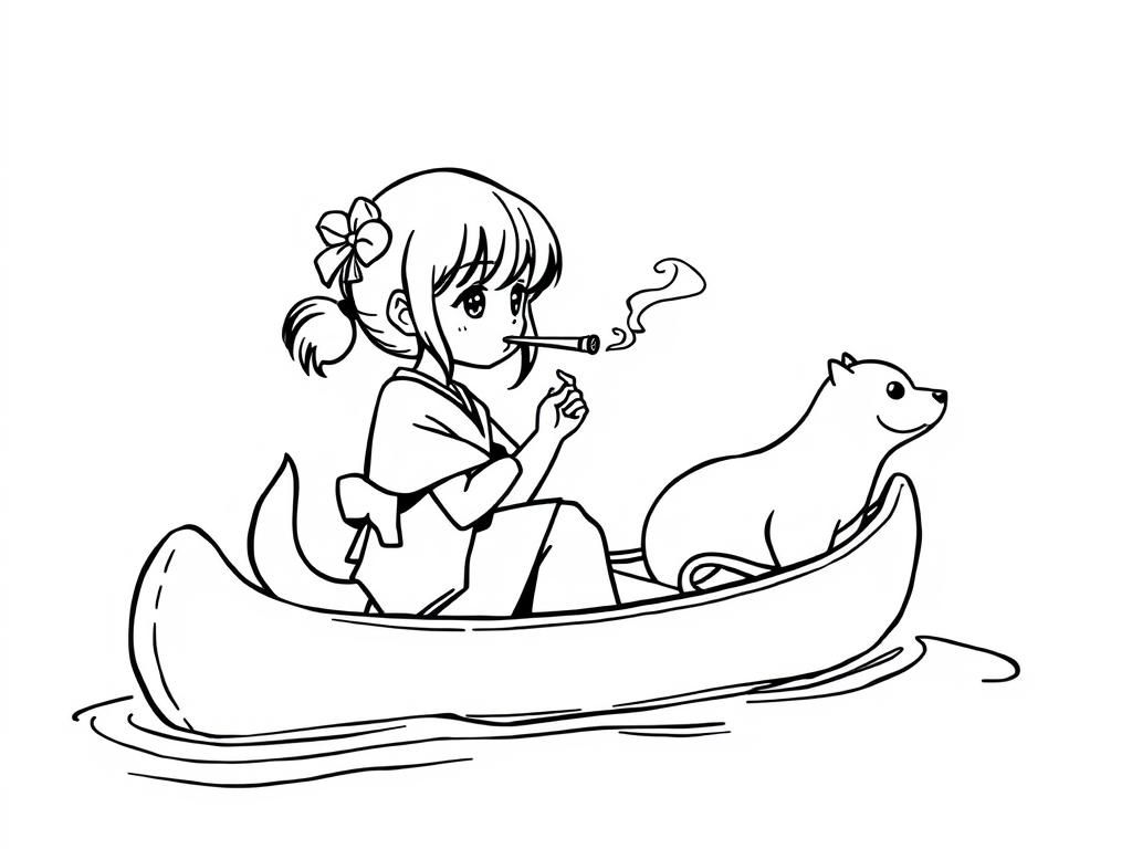 cigaret smoking small japanese girl with a brown dog  on big canoe and  looking both at right