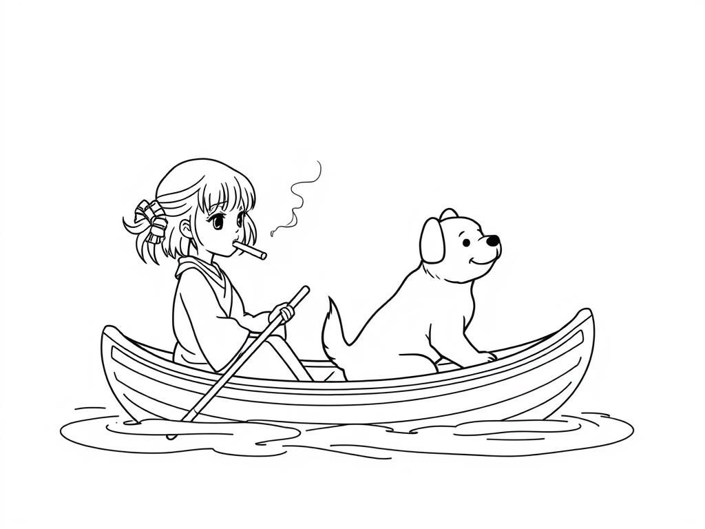 cigaret smoking small japanese girl with a brown dog  on big canoe and  looking both at right