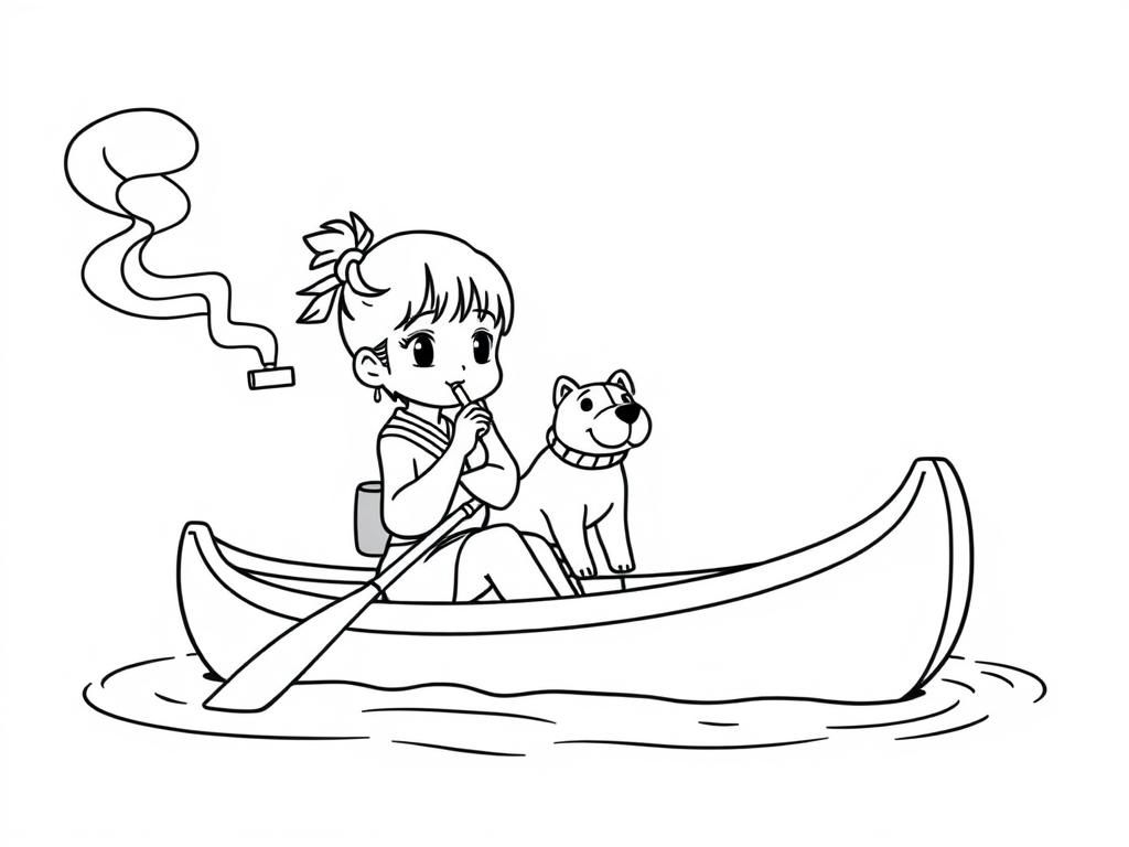 cigarette butt smoking small japanese girl with a brown dog  on big canoe and  looking both at right