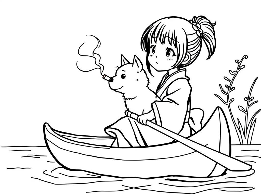 cigarette butt smoking small japanese girl with a brown dog  on big canoe and  looking both at right