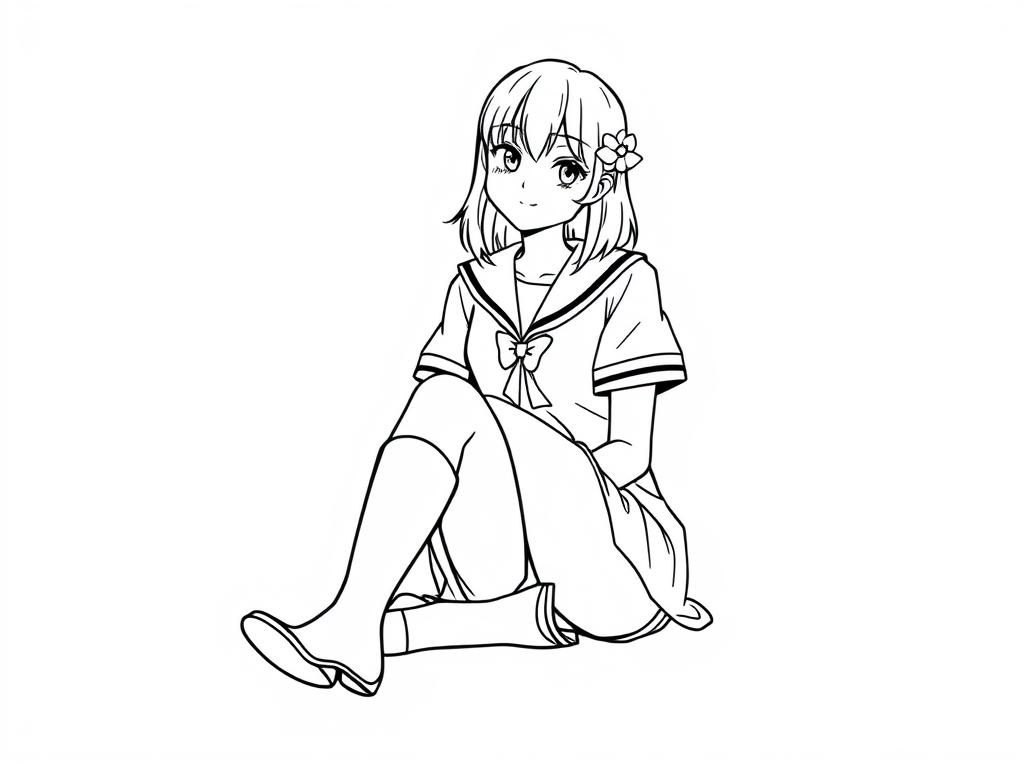 Preview of college female student in a school uniform sitting legs apart with high socks