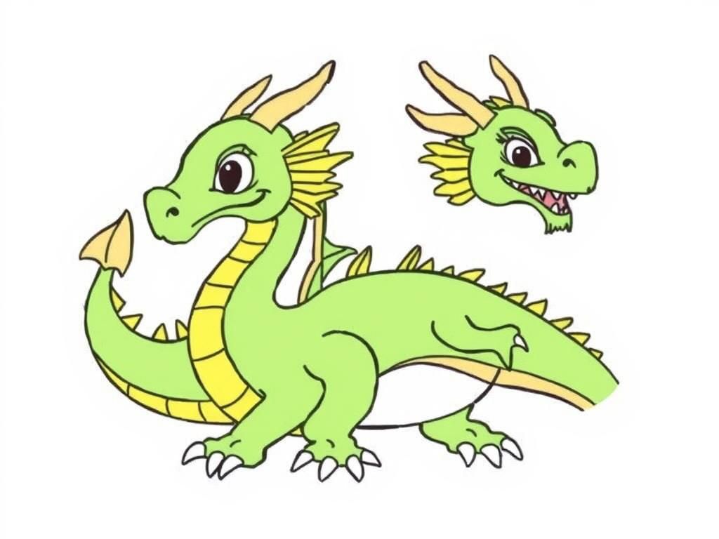 Color a beautiful dragon in green and yellow