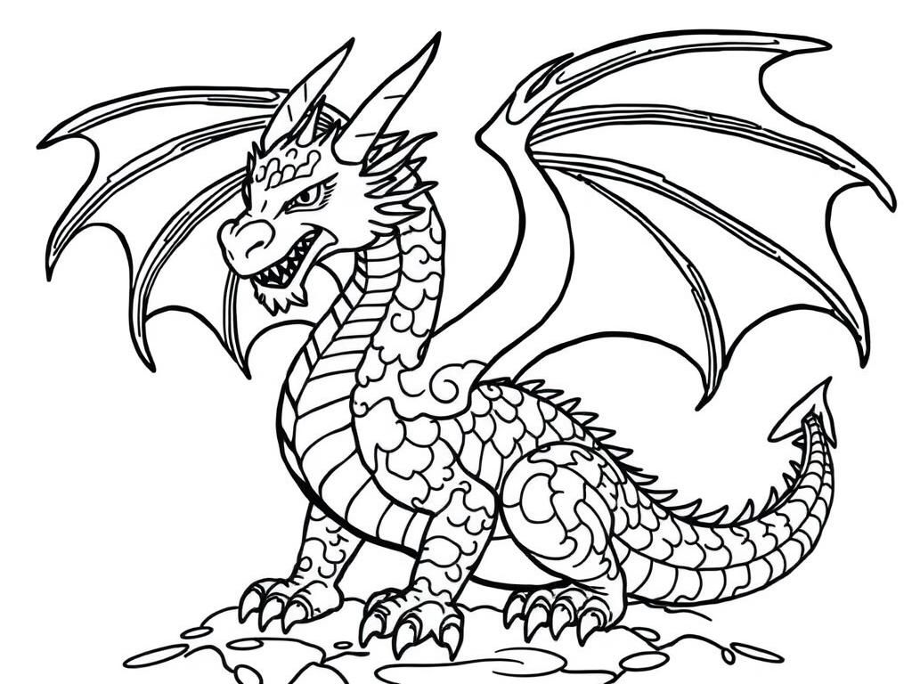 Color a beautiful dragon, with scales and wings, in this fun fantasy coloring page, color the image