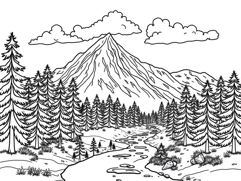 Preview of color and finely detailed mountain landscape with pine trees and a stream with thin lines with clouds in the sky in color