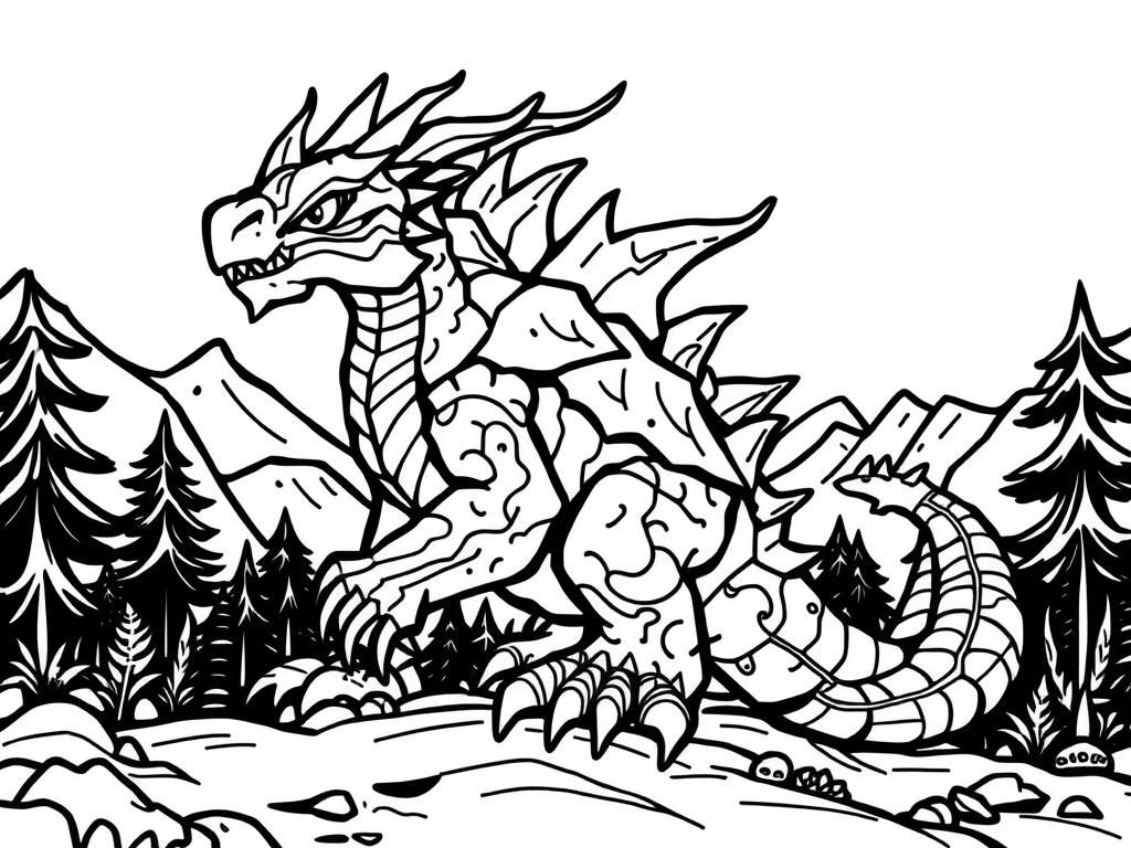 Dragon in Mountains Coloring Page