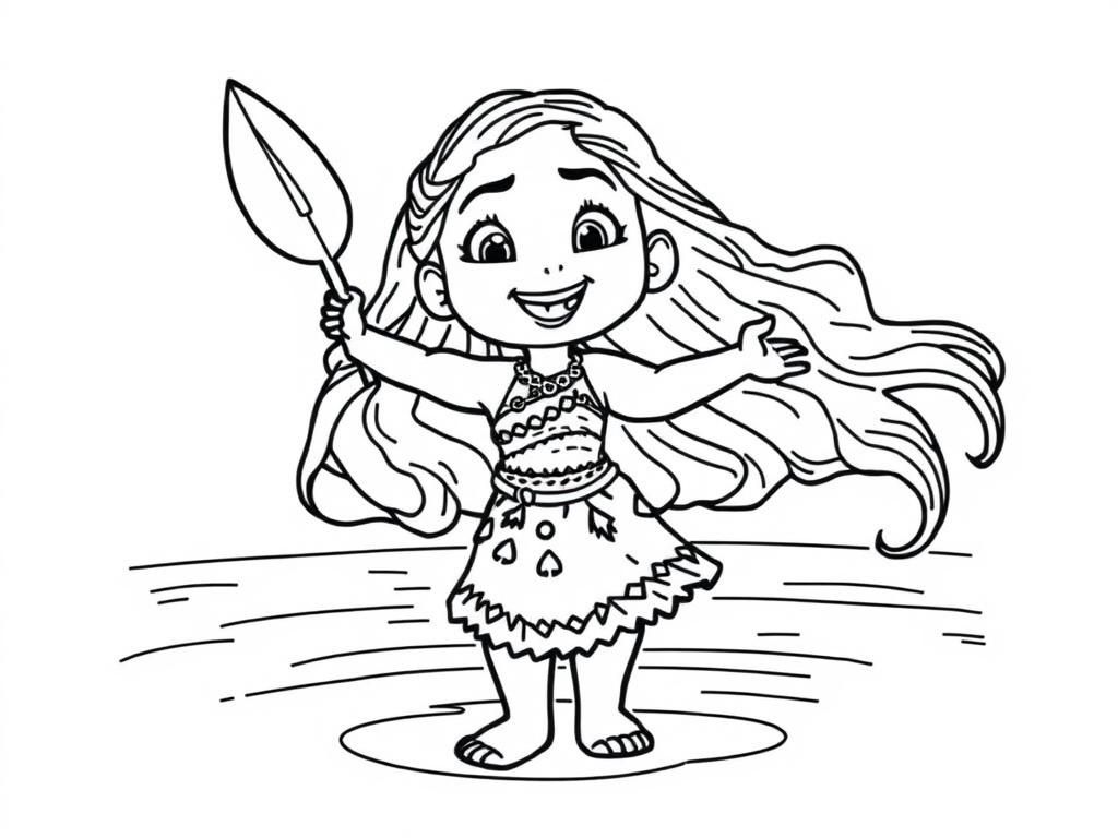 Preview of Coloring page of Disney Moana but as a little kid and have her dancing by the water with no background and make it a very cute image