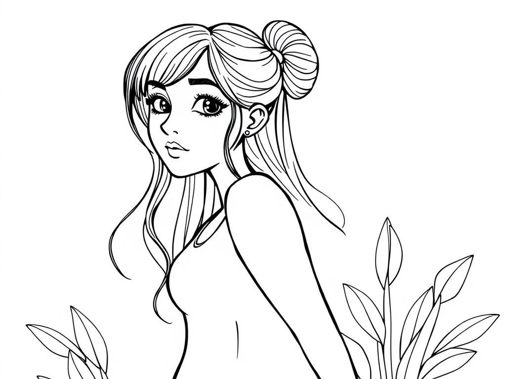 coloring page with a adult girl full body