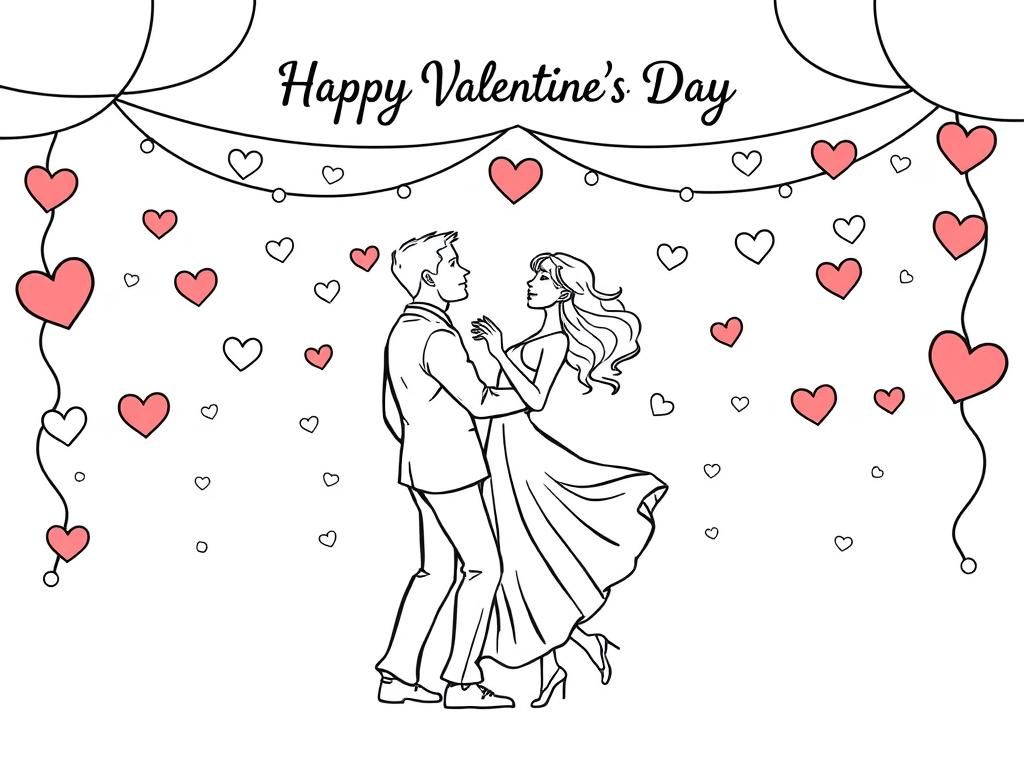 coloring page with a couple dancing under twinkling fairy lights and heart decorations. At the top it says "Happy Valentine’s Day" - Valentines Day Coloring Page