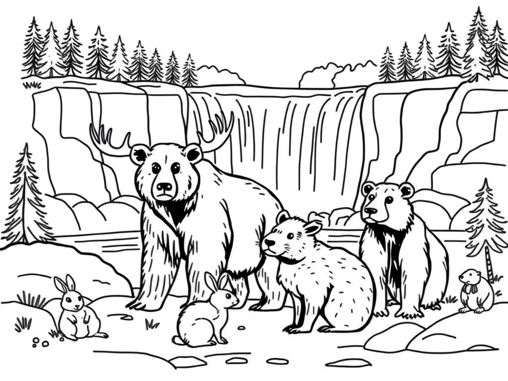 Bear Family at Waterfall Coloring Page