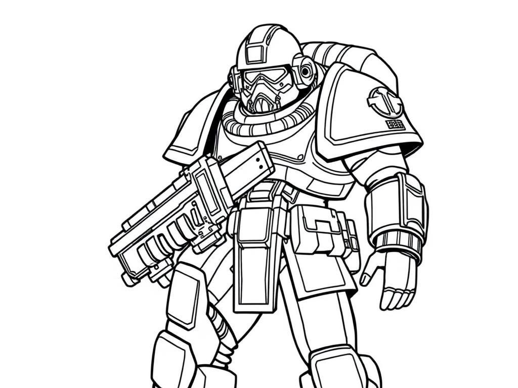 Preview of Coloring page with one space marine from Warhammer 40,000 with the whole body in the image frame and no background