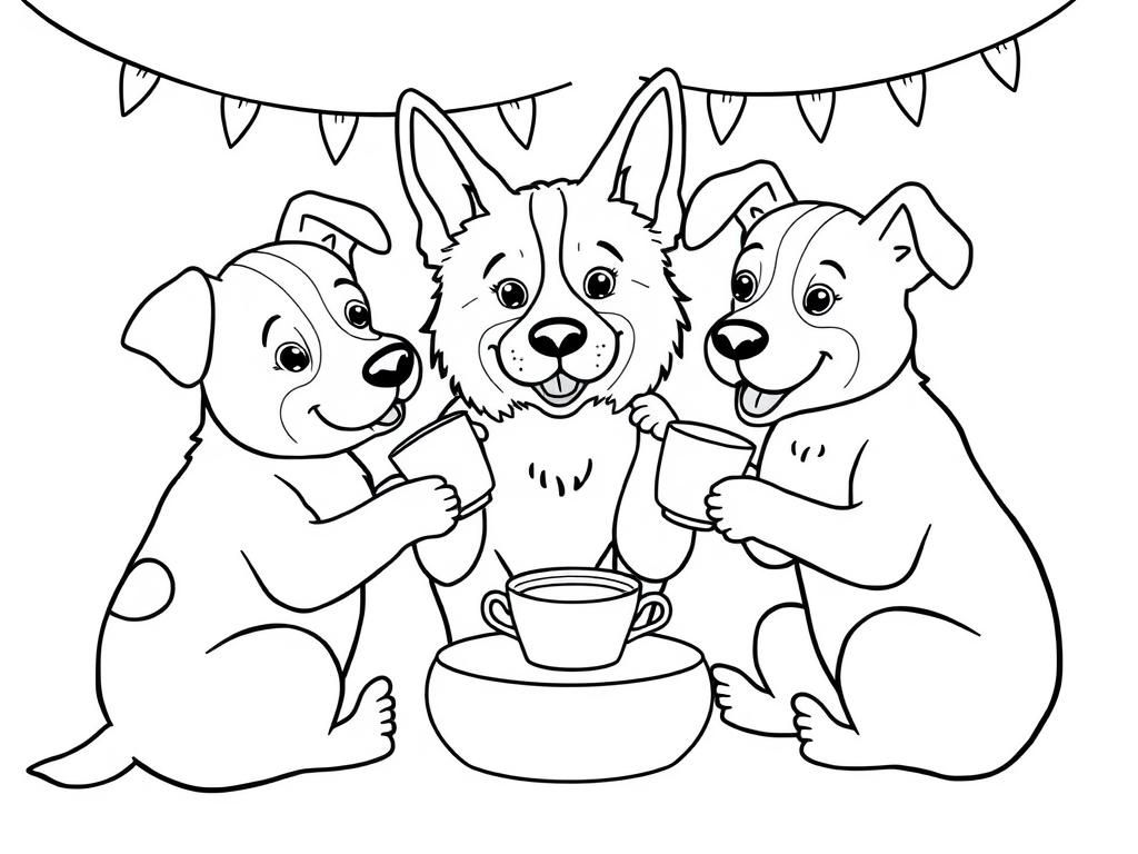 Preview of Comfy and cozy dog party drinking tea in Bobby goods style