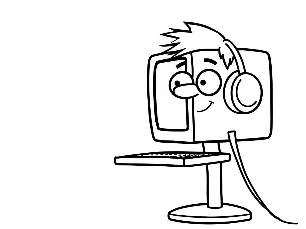 Computer with Headphones Coloring Page