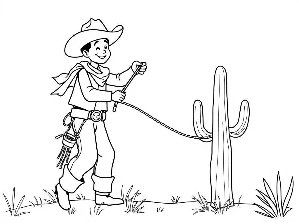 cowboy catching a cactus with a rope - Free Printable Coloring Page