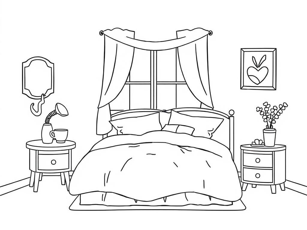 cozy cute bedroom with tea on the nightstand - Free Printable Coloring Page