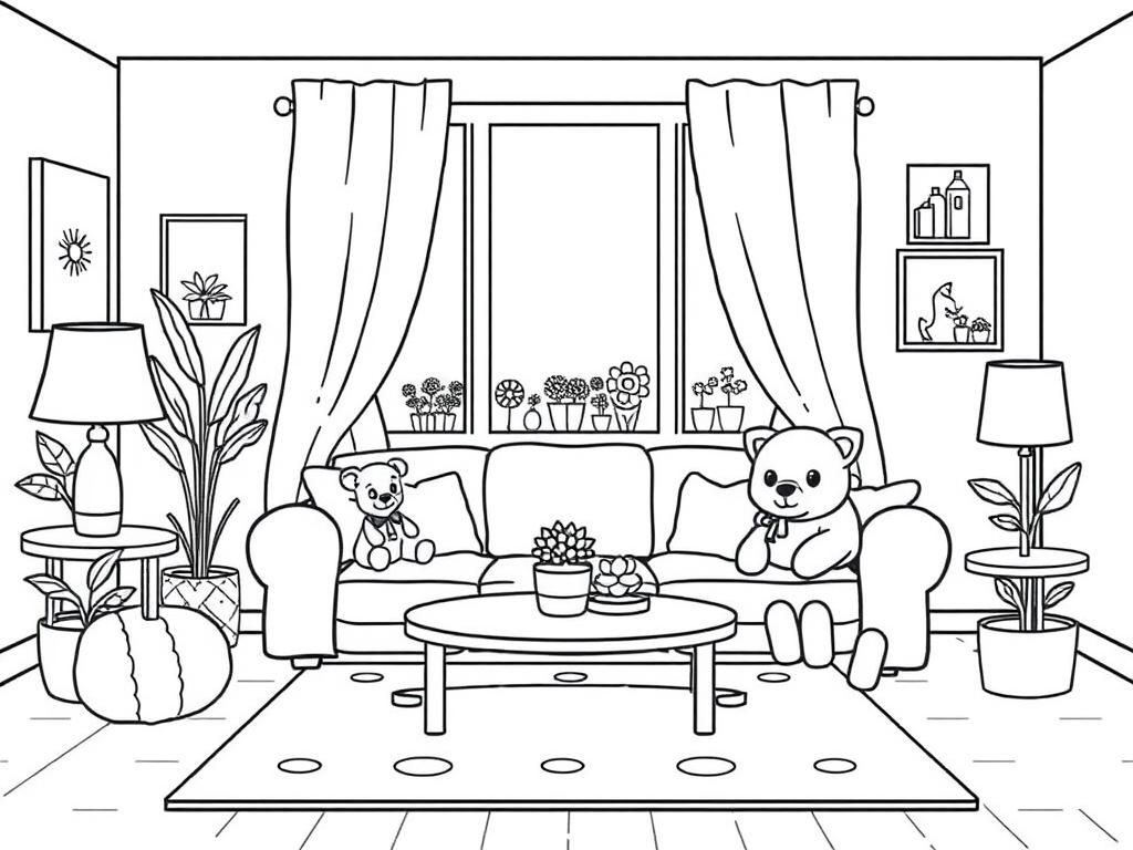 Cozy living room animal friends - Free Printable Coloring Page