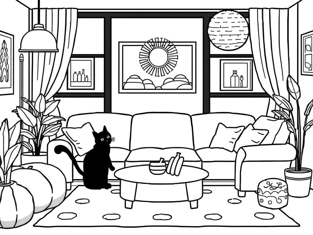 Cozy living room black girls cat - Free Printable Coloring Page