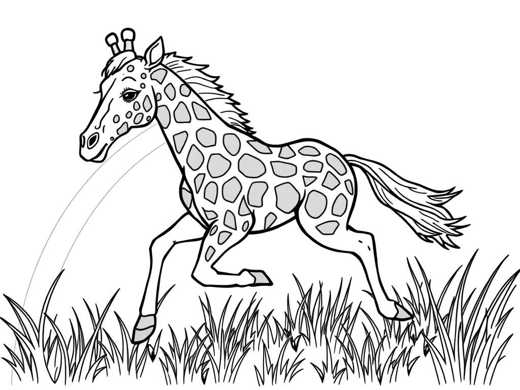 create an animal that is a mix of a giraffe and horse running through the grass with rainbow