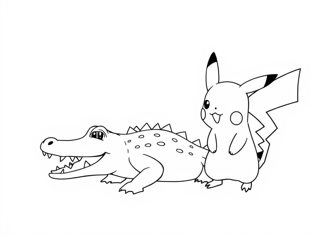 Pikachu and Crocodile Coloring Page