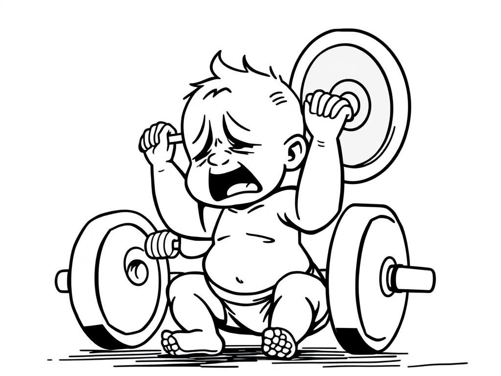 Crying baby doing snatch with 100kg barbell with a lot of people around him not watching him