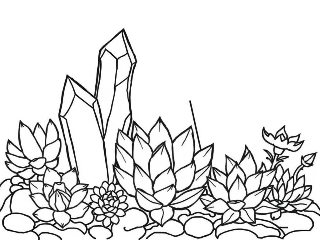 Coloring Page of Crystals and Succulents