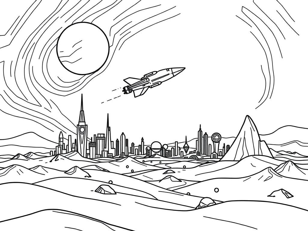 Coloring Page of Futuristic Cityscape with Rocket Ship