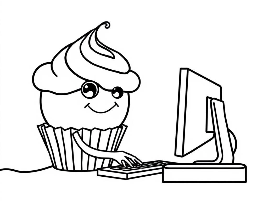 Cupcake Computer Coloring Page