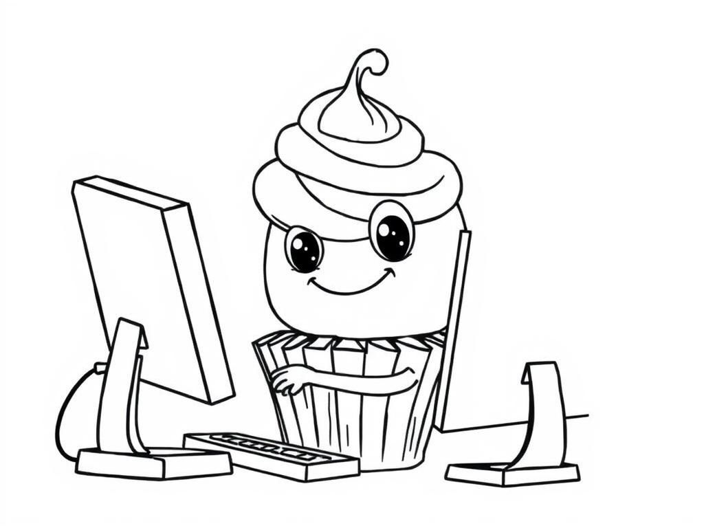 Cupcake Computer Coloring Page