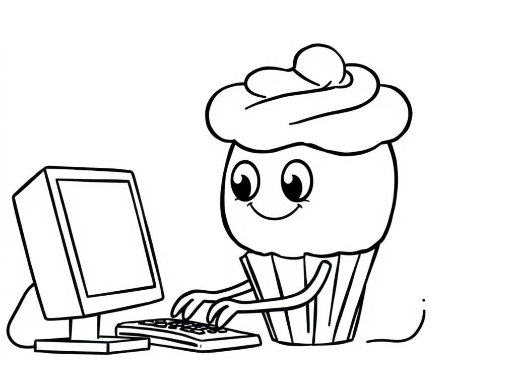 Cupcake Computer Coloring Page