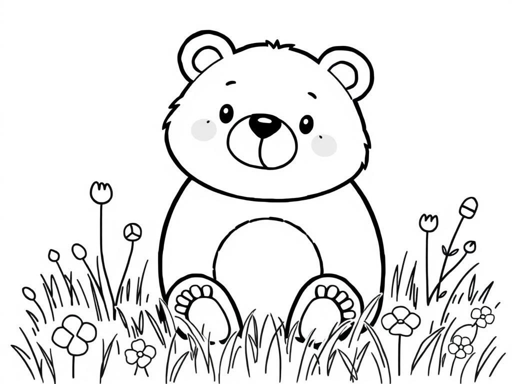 Cute and cozy style bear in a meadow - Free Printable Coloring Page