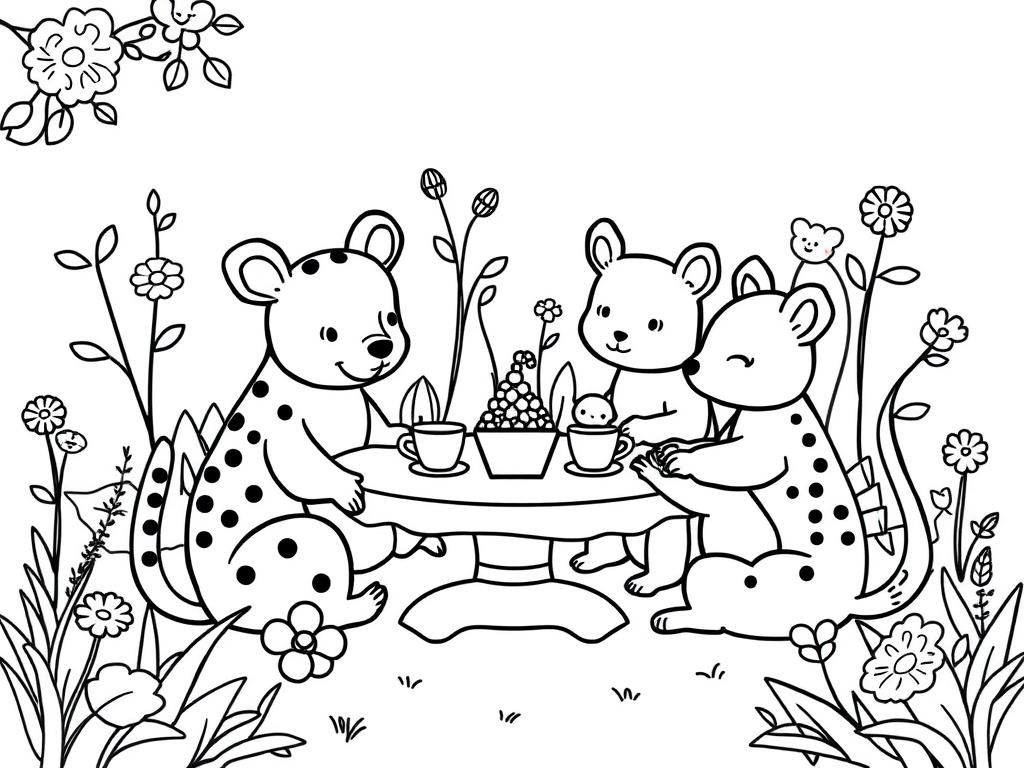 Friendship Tea Party Coloring Page: Spotted Friends in a Blooming Garden