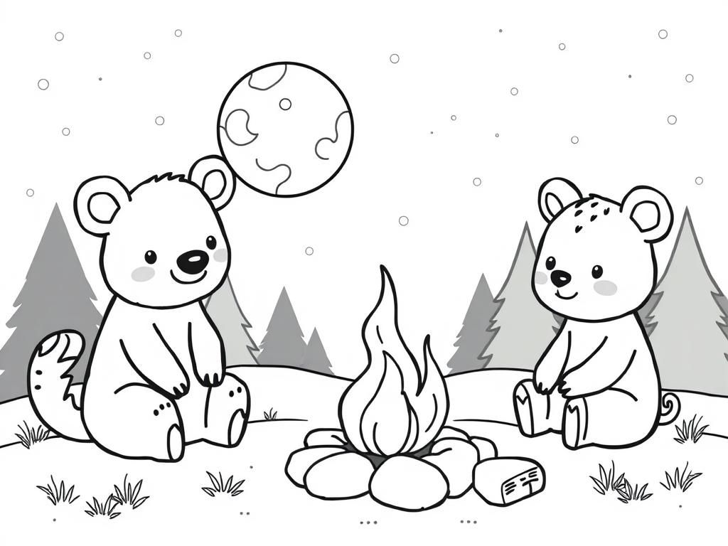 Bears by the Campfire Coloring Page