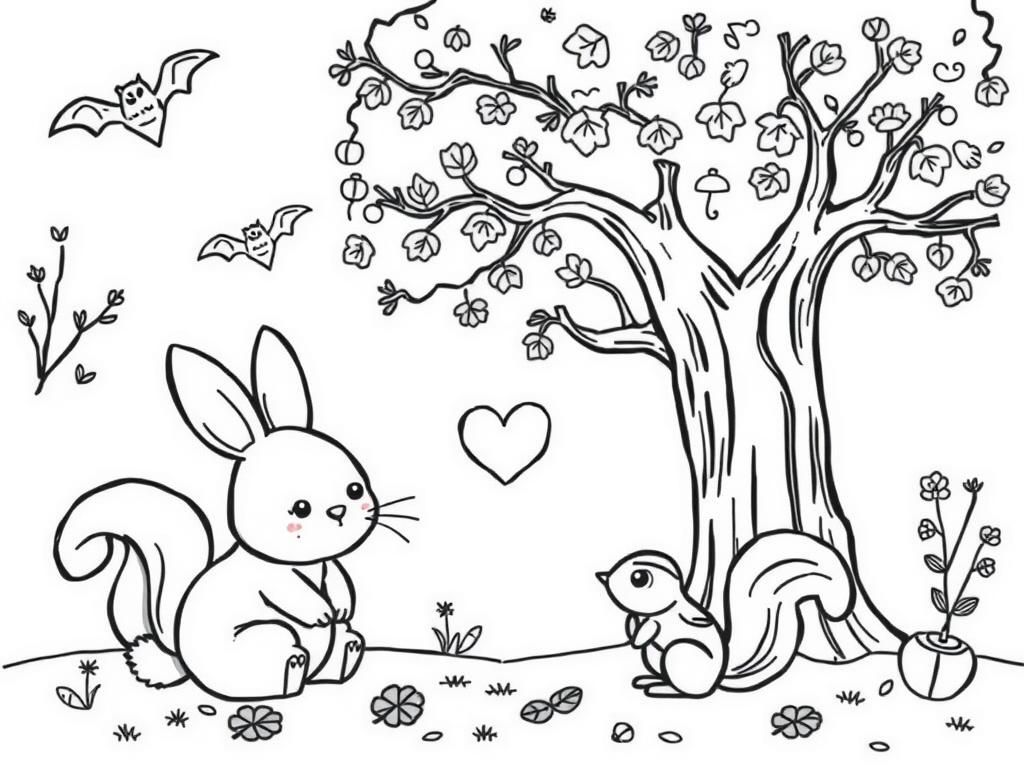 Cute Animals Under Tree Coloring Page