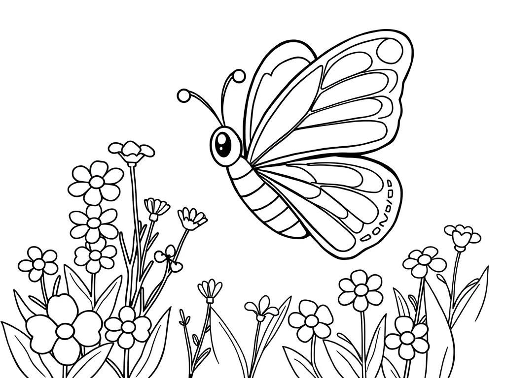 Coloring Page of a Butterfly and Flowers