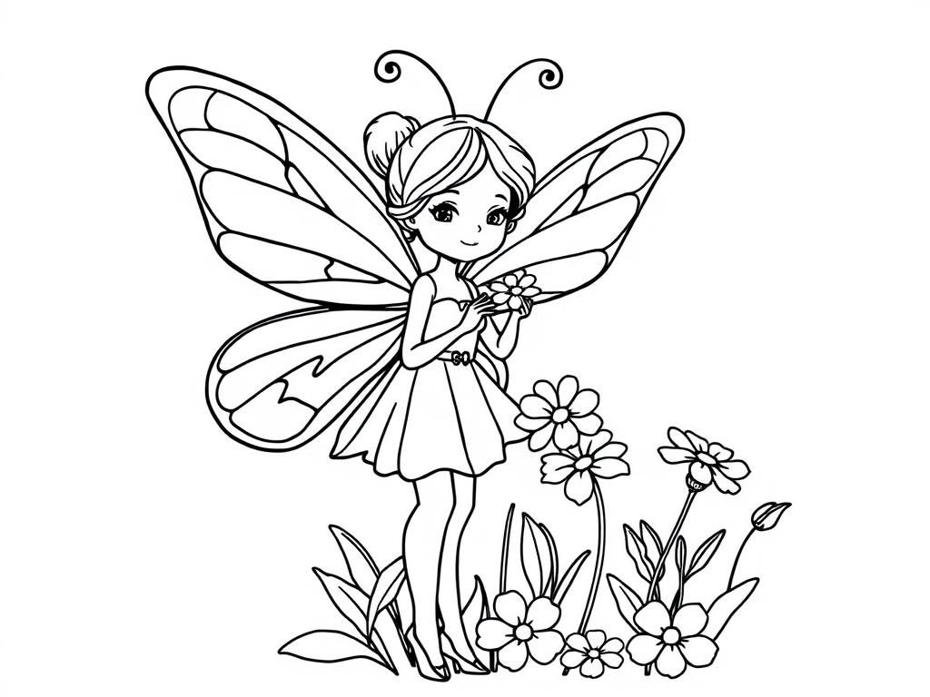 cute butterfly fairy holding flowers - Free Printable Coloring Page