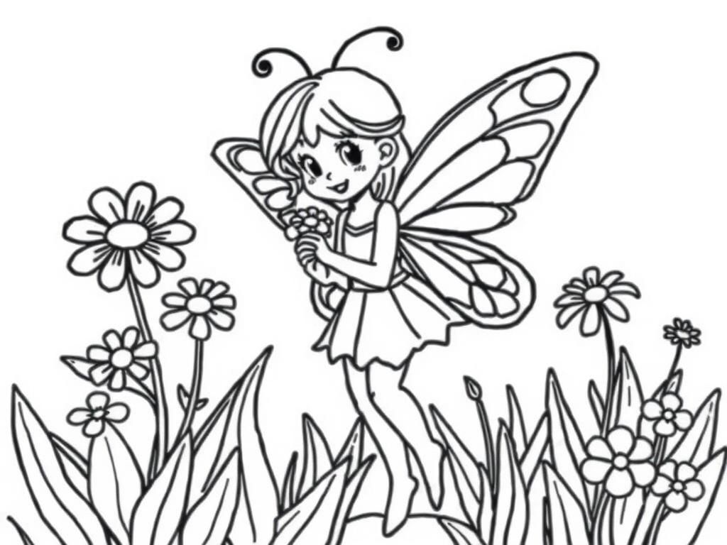 cute butterfly fairy in a garden holding flowers - Free Printable Coloring Page