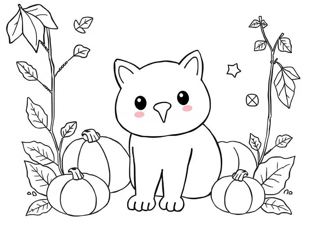 Cute Cat with Pumpkins Coloring Page