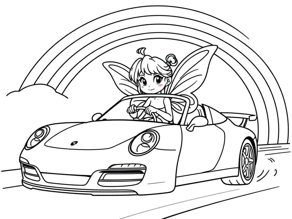 Preview of Cute fairy driving Porsche 911 under a rainbow