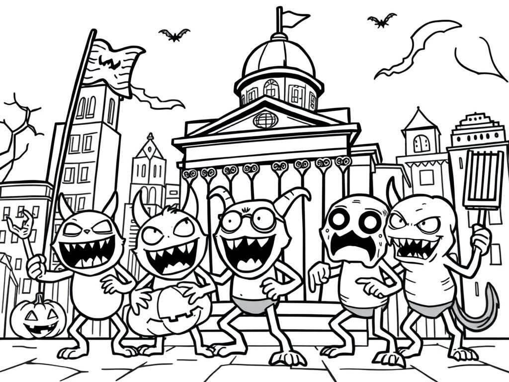 Halloween Monsters Dancing Coloring Page